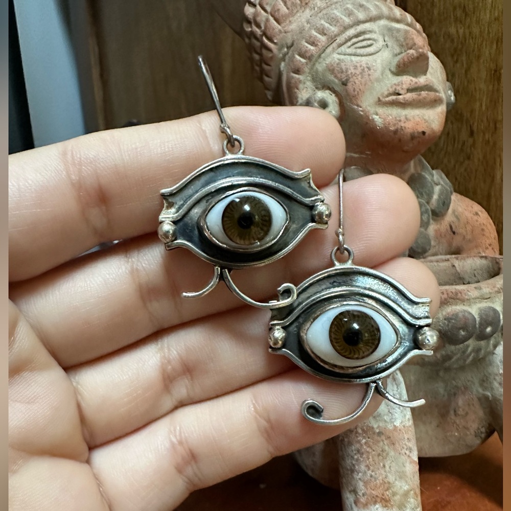Vintage Eye Earrings, Egyptian Inspired, Sterling Silver